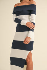 ANGELICA KNIT STRIPE OFF MIDI DRESS