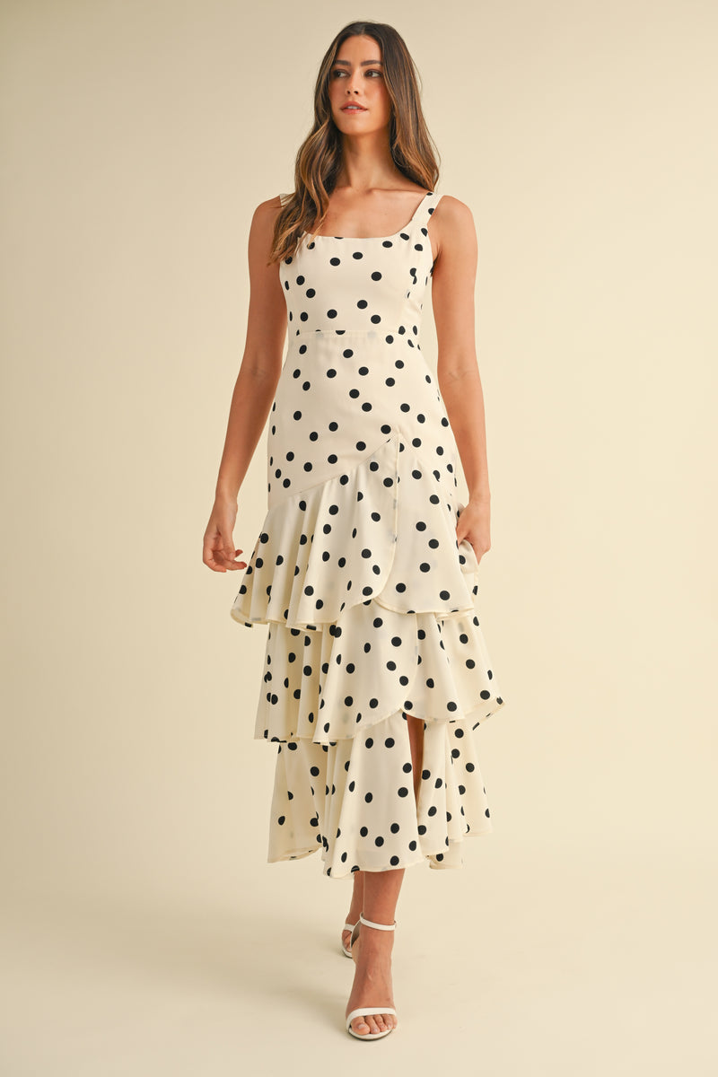 ADDISYN POLKA DOT TIERED MIDI DRESS