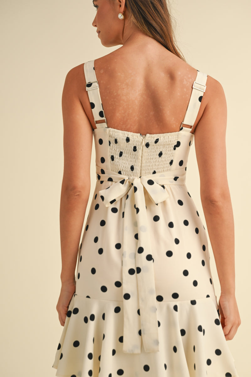 ADDISYN POLKA DOT TIERED MIDI DRESS