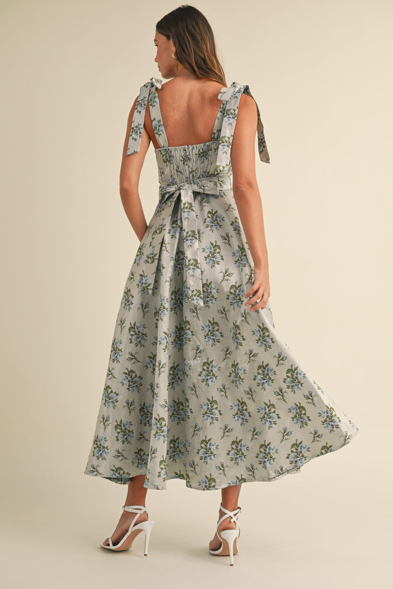 ANAYA SHOULDER BOW TIED FLORAL JACQUARD MIDI DRESS