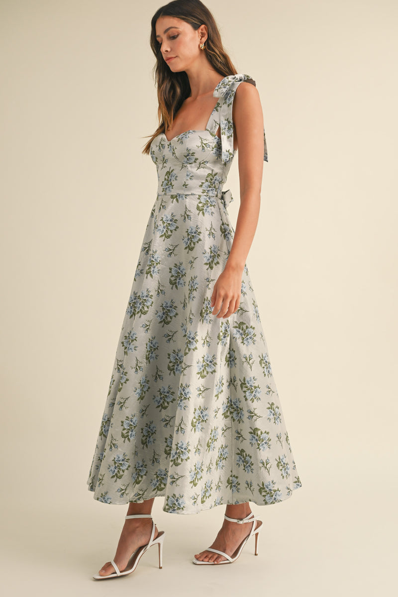 ANAYA SHOULDER BOW TIED FLORAL JACQUARD MIDI DRESS