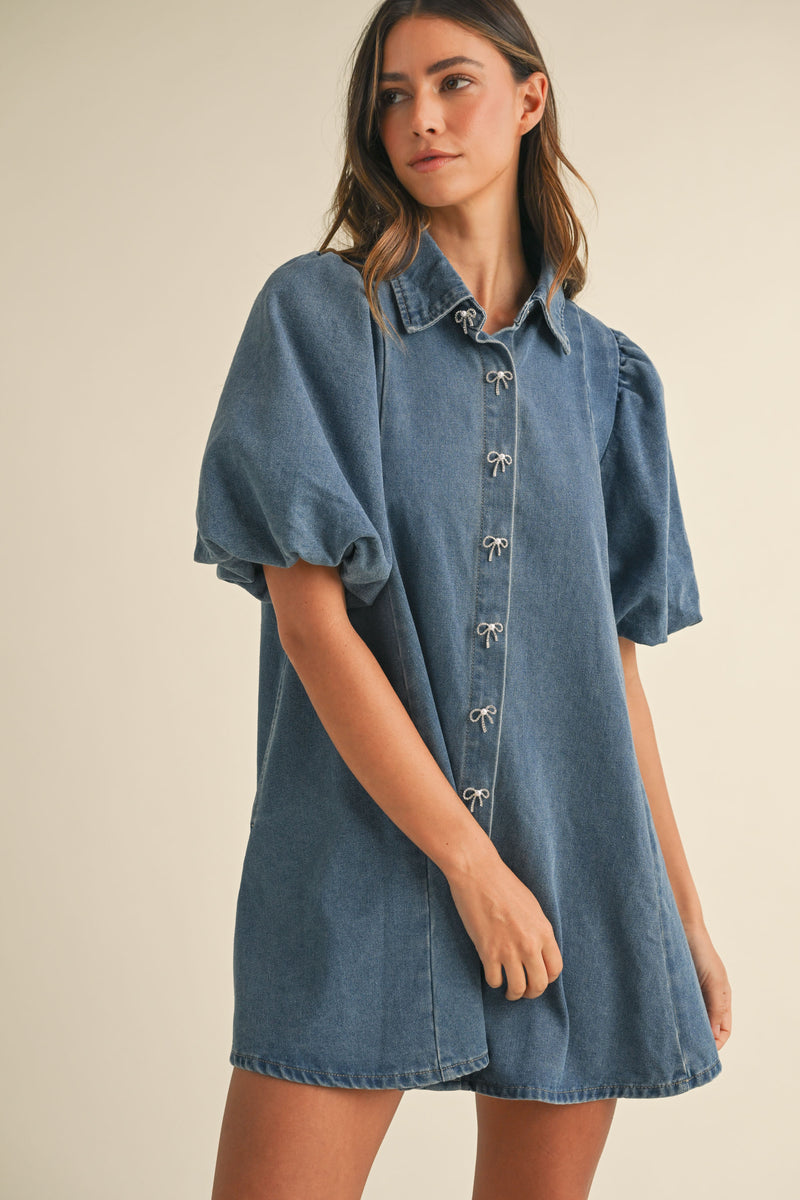 LANTHE JEWEL BUTTON PUFF SLEEVE DENIM MINI DRESS – Mable Clothing