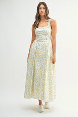 DAPHNE GATHERED FLORAL PRINTED MIDI DRESS