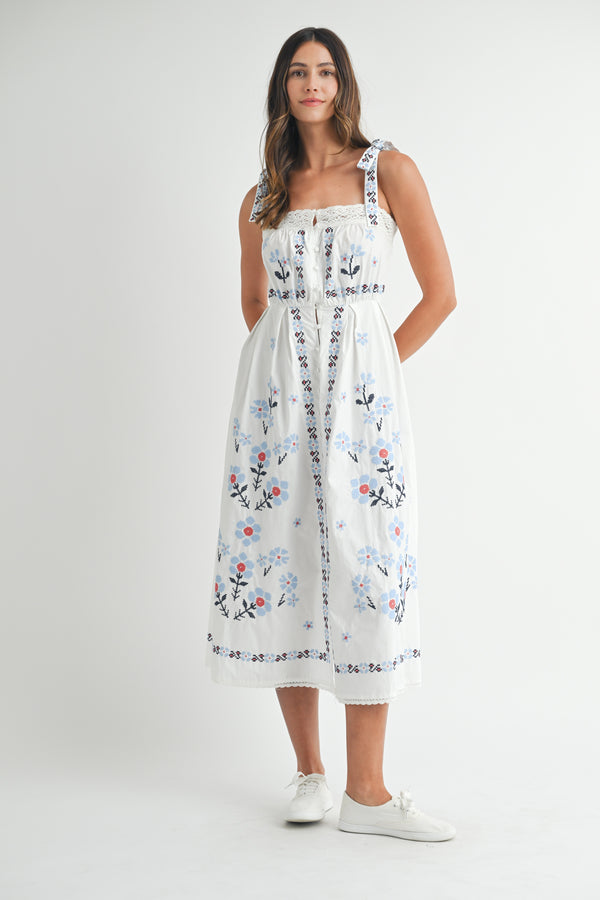 EDEN EMBROIDERED SHOULDER STRAP MIDI DRESS