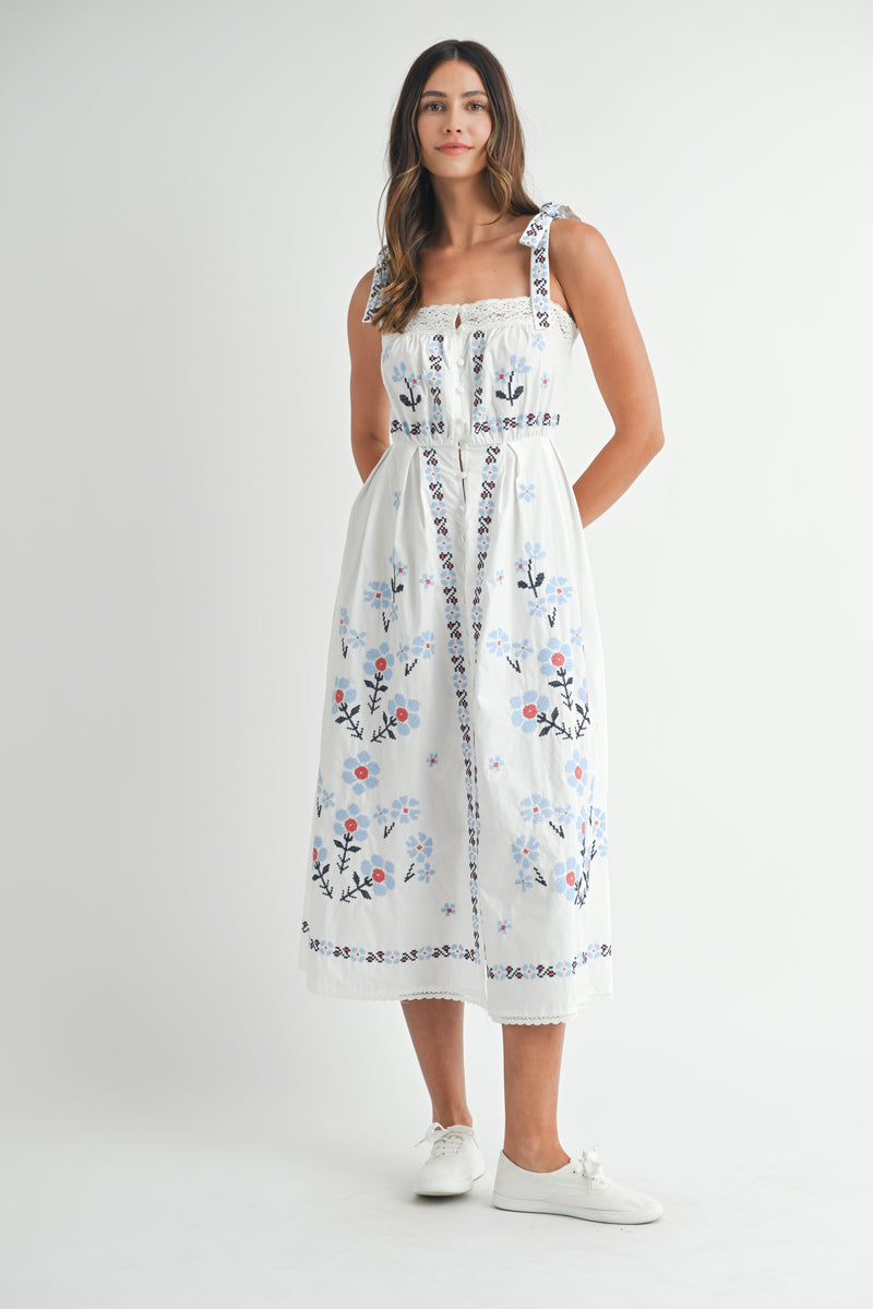 EDEN EMBROIDERED SHOULDER STRAP MIDI DRESS