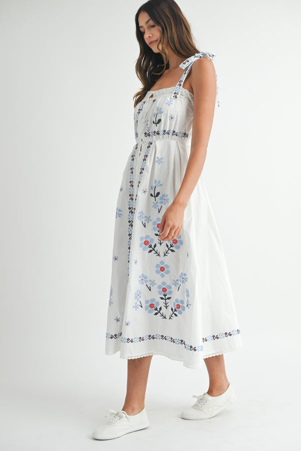 EDEN EMBROIDERED SHOULDER STRAP MIDI DRESS