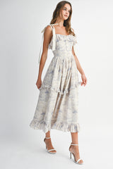RHINESTONE  PRINTED LINEN STRAP MIDI DRESS