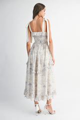 RHINESTONE  PRINTED LINEN STRAP MIDI DRESS