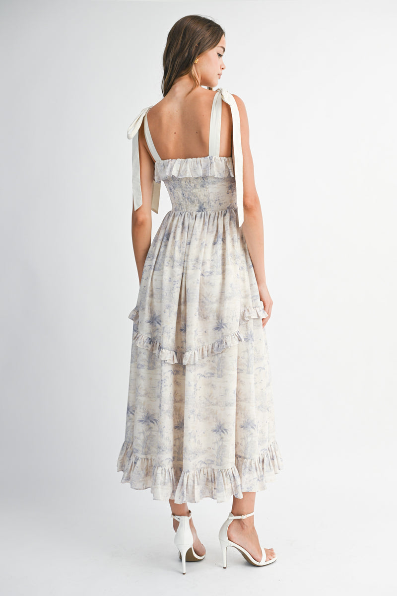RHINESTONE  PRINTED LINEN STRAP MIDI DRESS