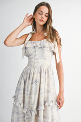 RHINESTONE  PRINTED LINEN STRAP MIDI DRESS