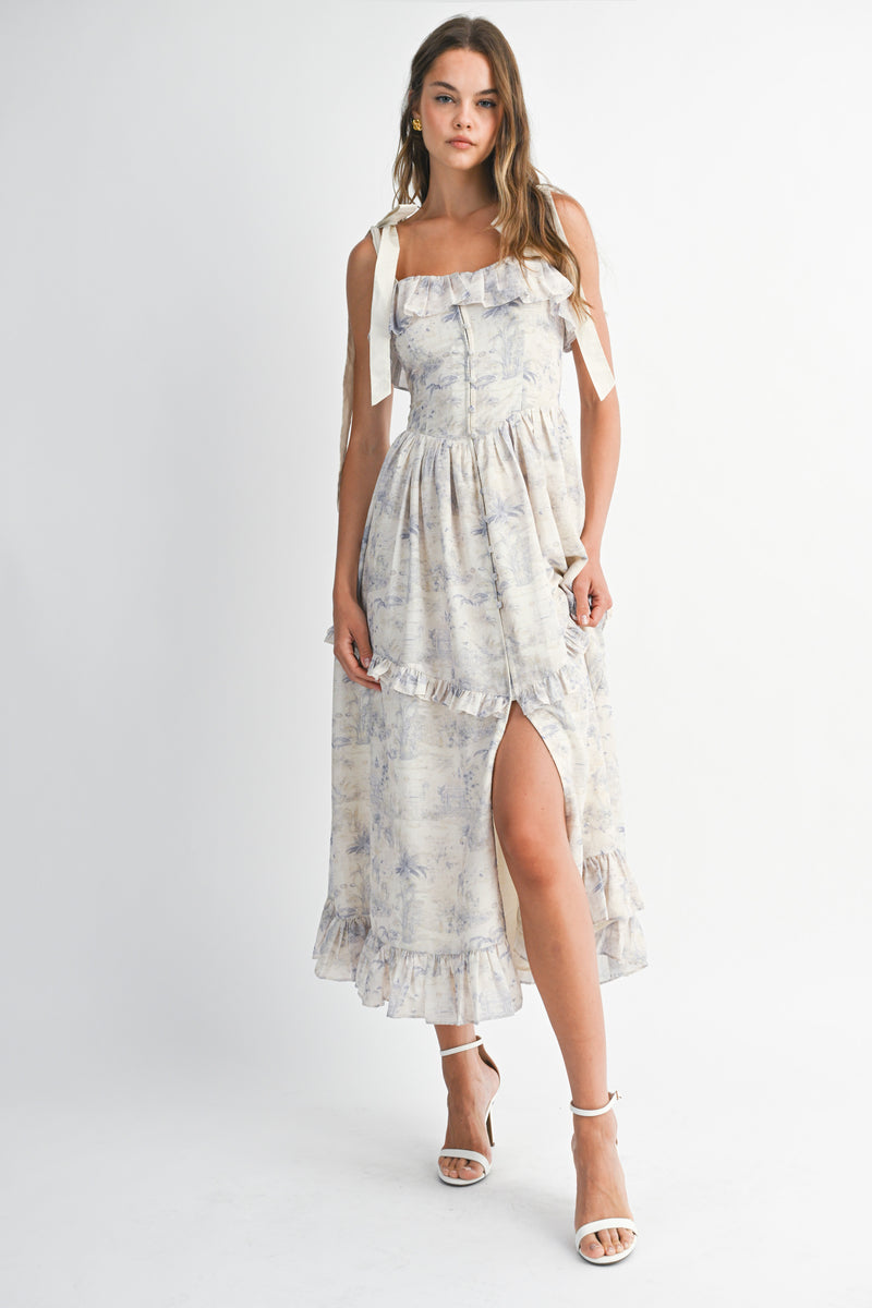 RHINESTONE  PRINTED LINEN STRAP MIDI DRESS