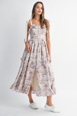 RHINESTONE  PRINTED LINEN STRAP MIDI DRESS