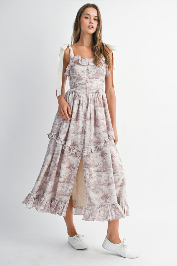 RHINESTONE  PRINTED LINEN STRAP MIDI DRESS