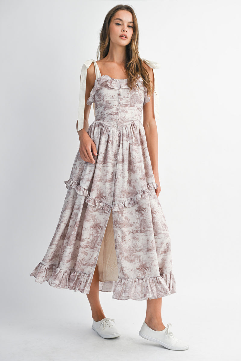 RHINESTONE  PRINTED LINEN STRAP MIDI DRESS