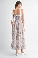 RHINESTONE  PRINTED LINEN STRAP MIDI DRESS