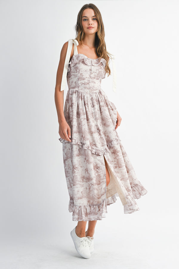 RHINESTONE  PRINTED LINEN STRAP MIDI DRESS