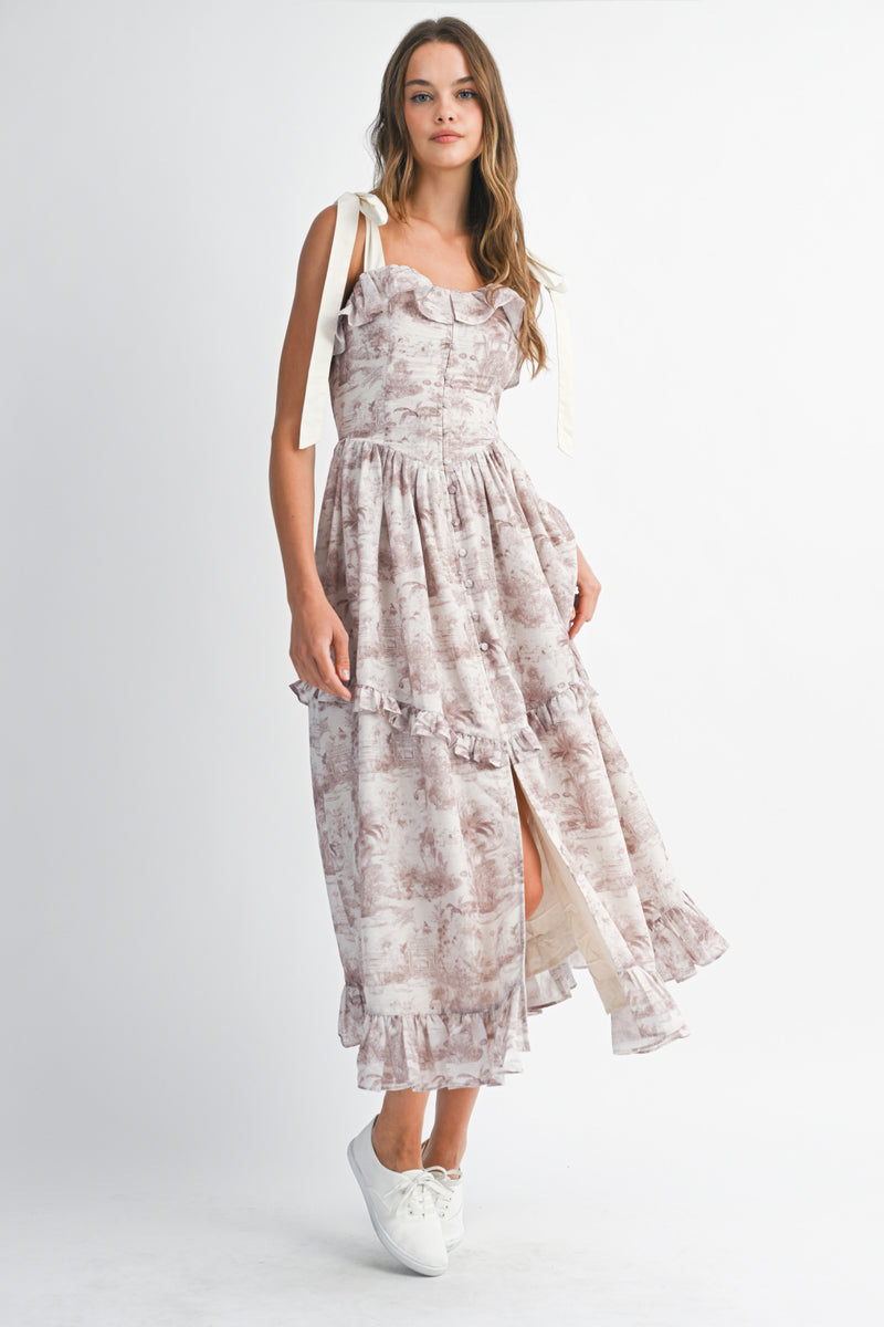 RHINESTONE  PRINTED LINEN STRAP MIDI DRESS