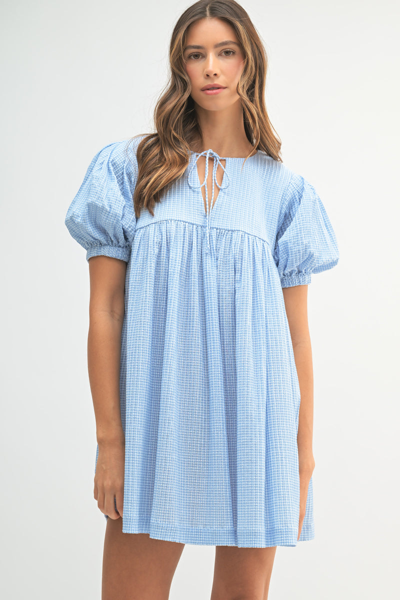 blue plaid babydoll dress Delia's Plaid Puff Sleeve Babydoll Dress
