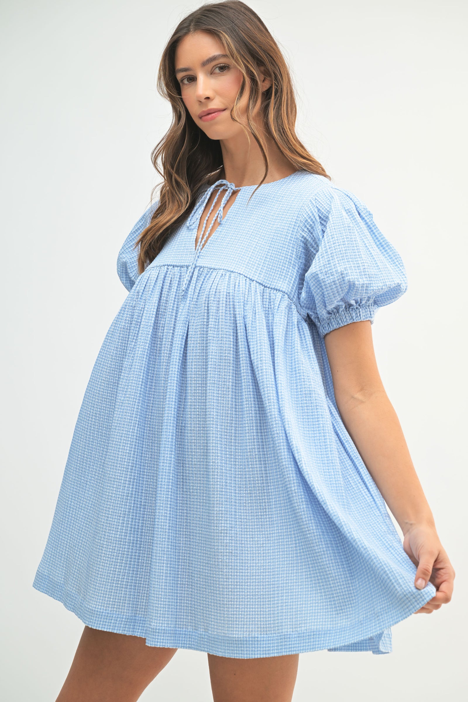 STALLION GINGHAM PLAID BABYDOLL MINI DRESS  Mable Clothing