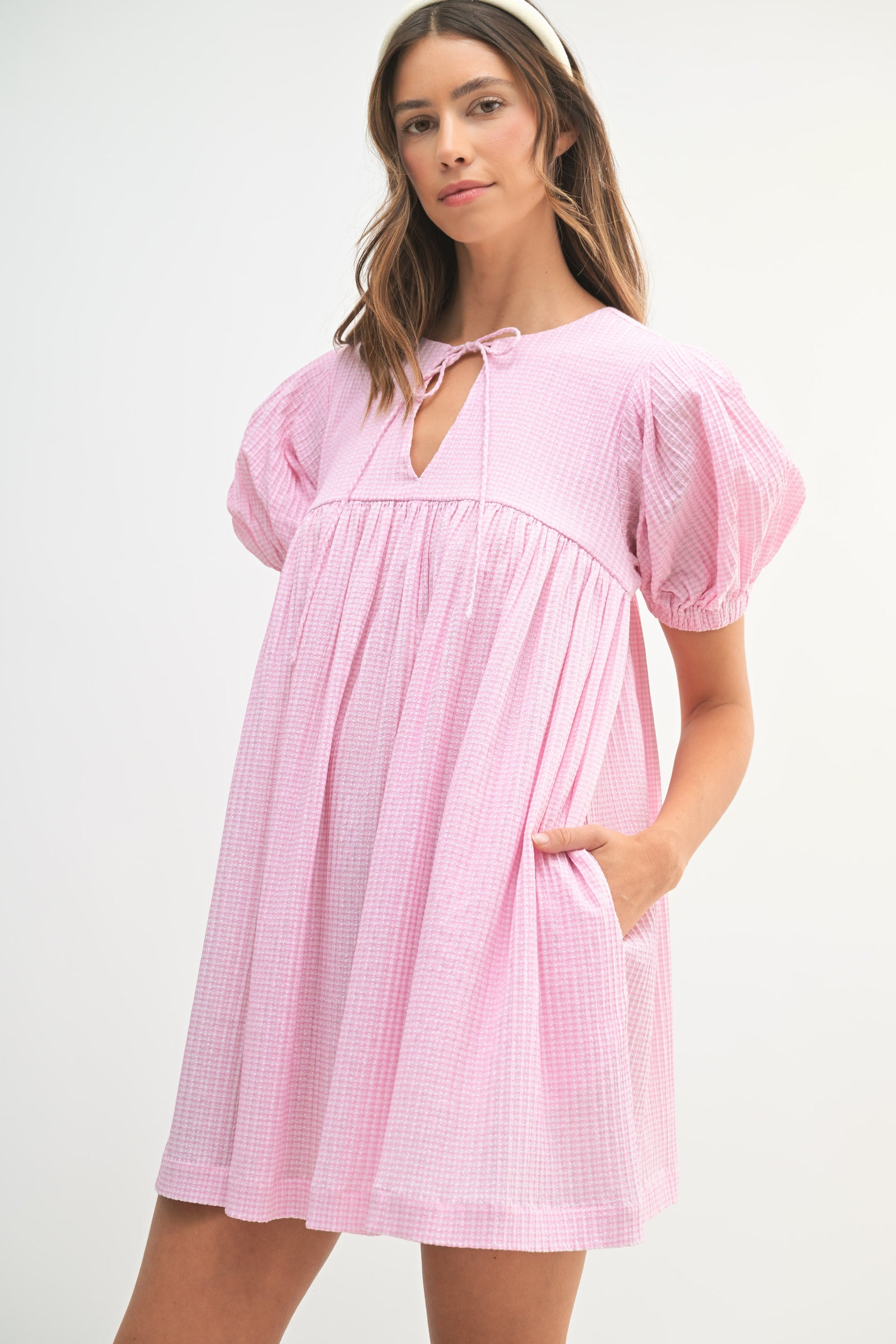 STALLION GINGHAM PLAID BABYDOLL MINI DRESS  Mable Clothing