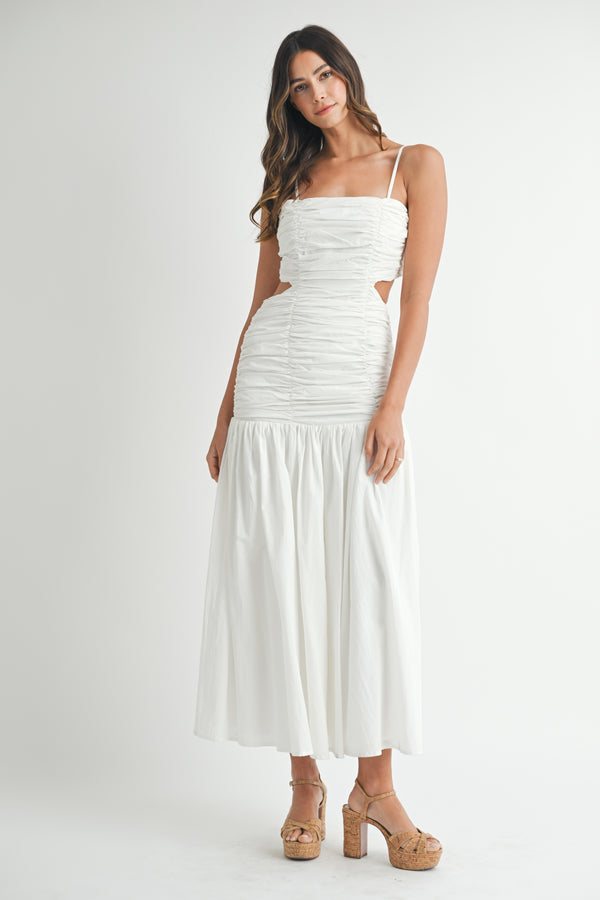 LOGAN RUCHED MIDI DRESS