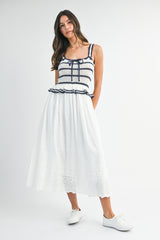 SANDRA CROCHET STRIPE KNIT BODICE MIDI DRESS