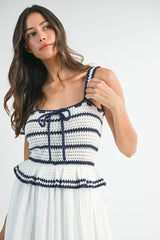 SANDRA CROCHET STRIPE KNIT BODICE MIDI DRESS
