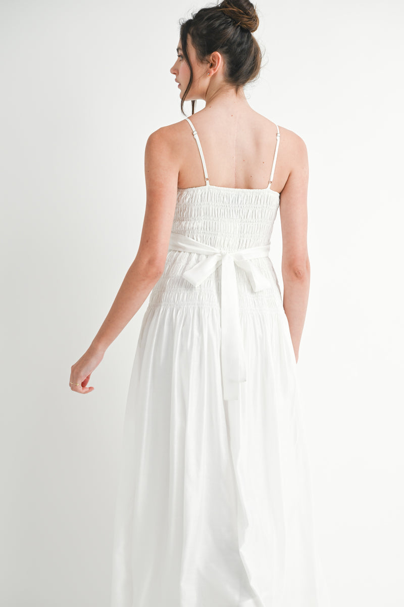 OCEANE SMOCKED BODICE BOW FRONT MIDI DRESS