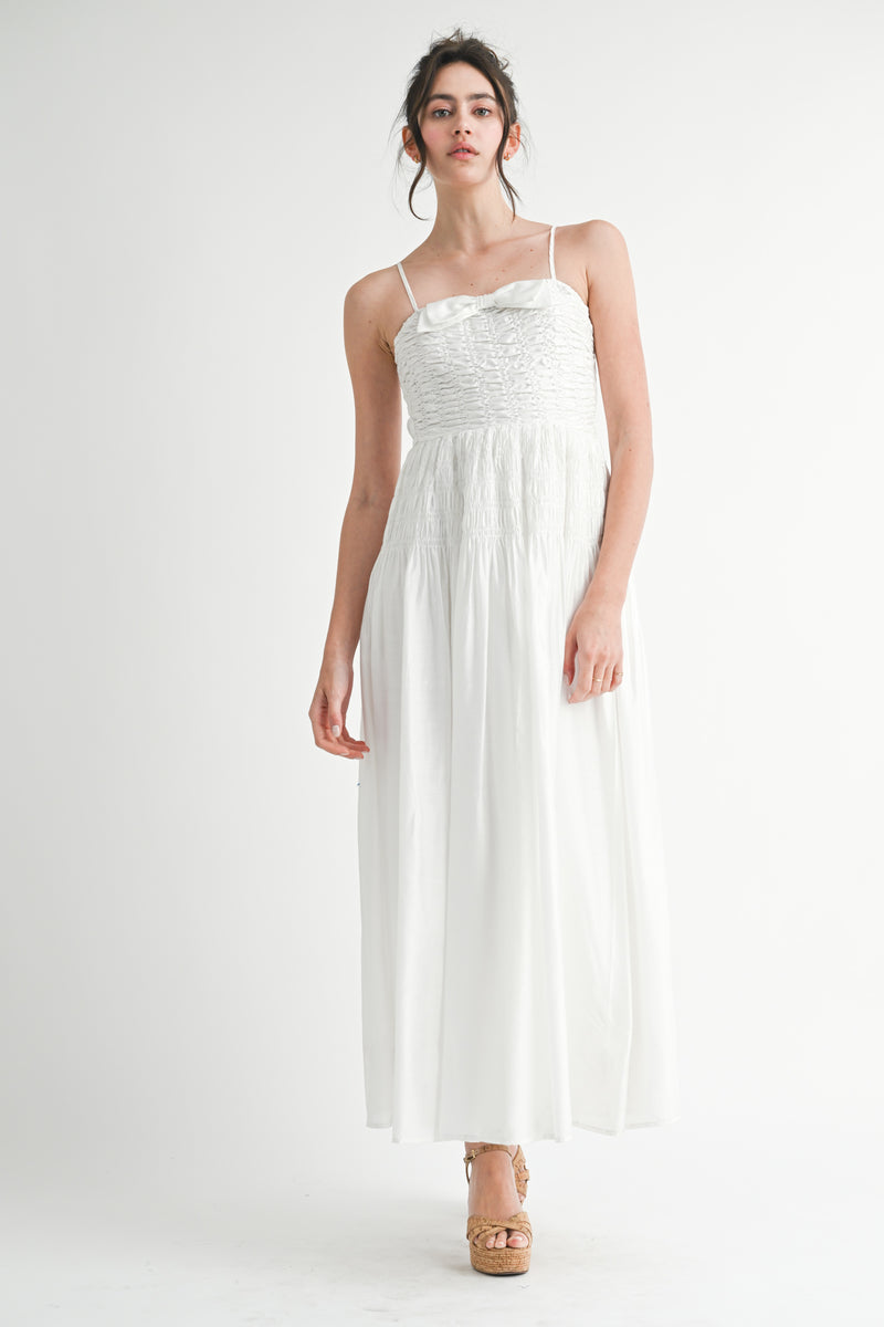 OCEANE SMOCKED BODICE BOW FRONT MIDI DRESS
