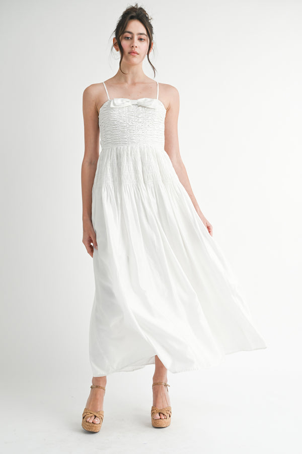 OCEANE SMOCKED BODICE BOW FRONT MIDI DRESS