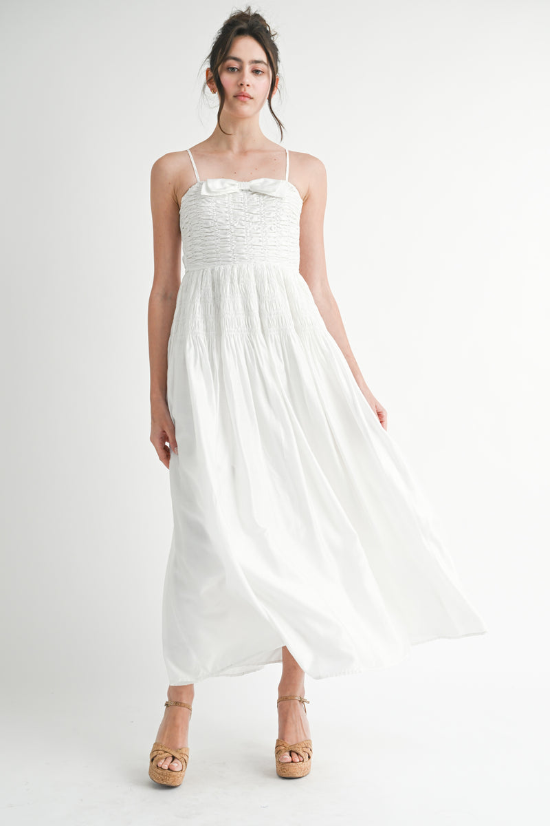 OCEANE SMOCKED BODICE BOW FRONT MIDI DRESS