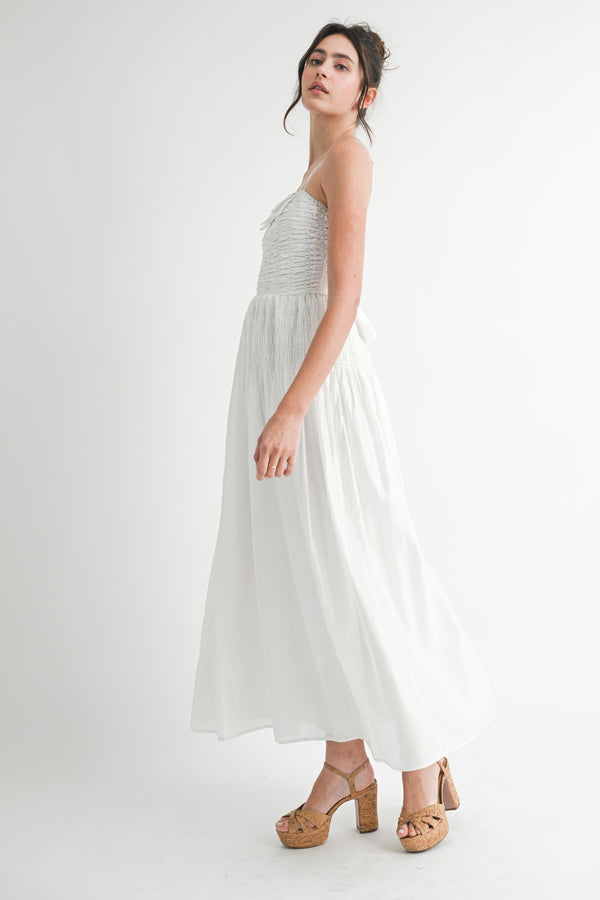 OCEANE SMOCKED BODICE BOW FRONT MIDI DRESS