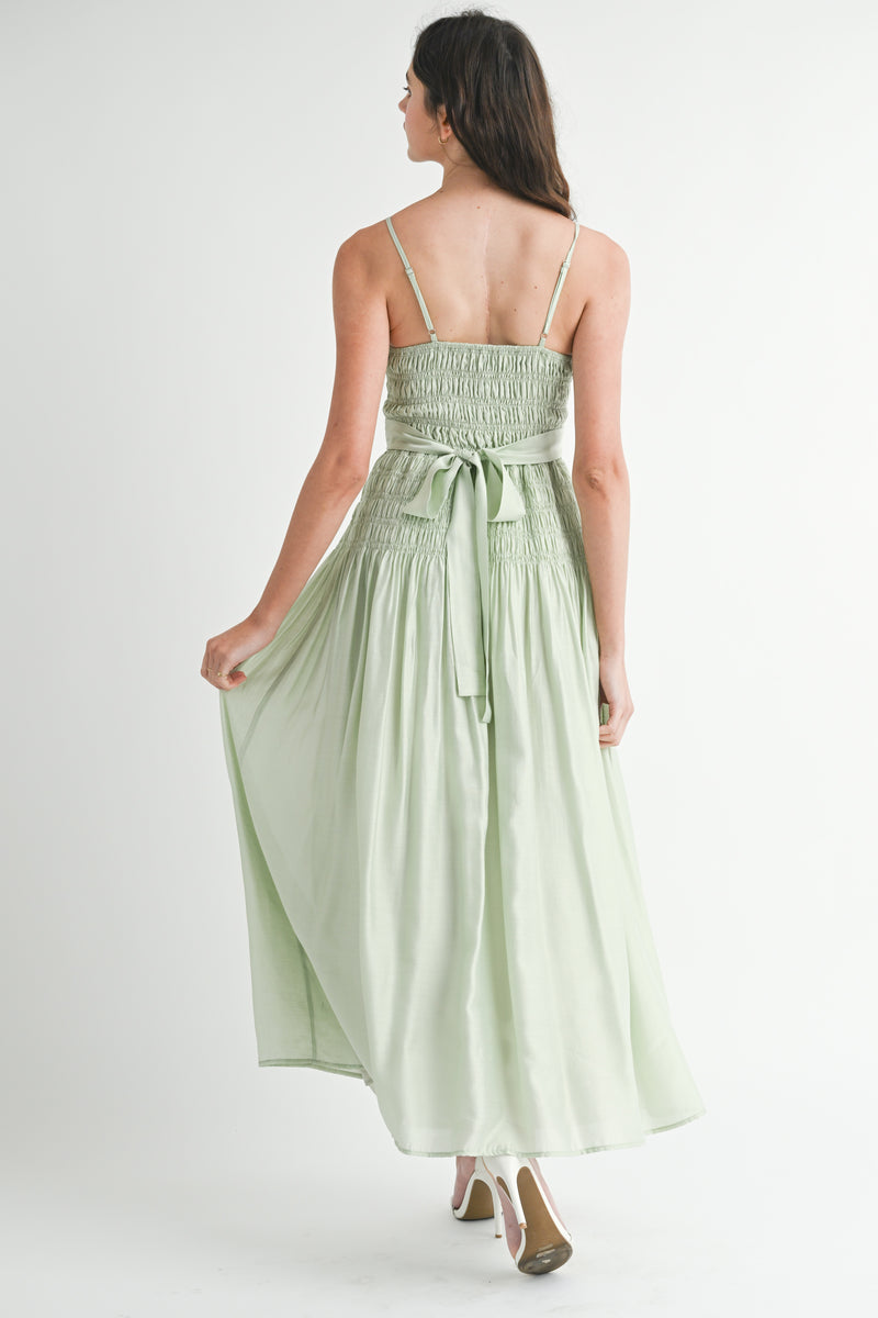 OCEANE SMOCKED BODICE BOW FRONT MIDI DRESS
