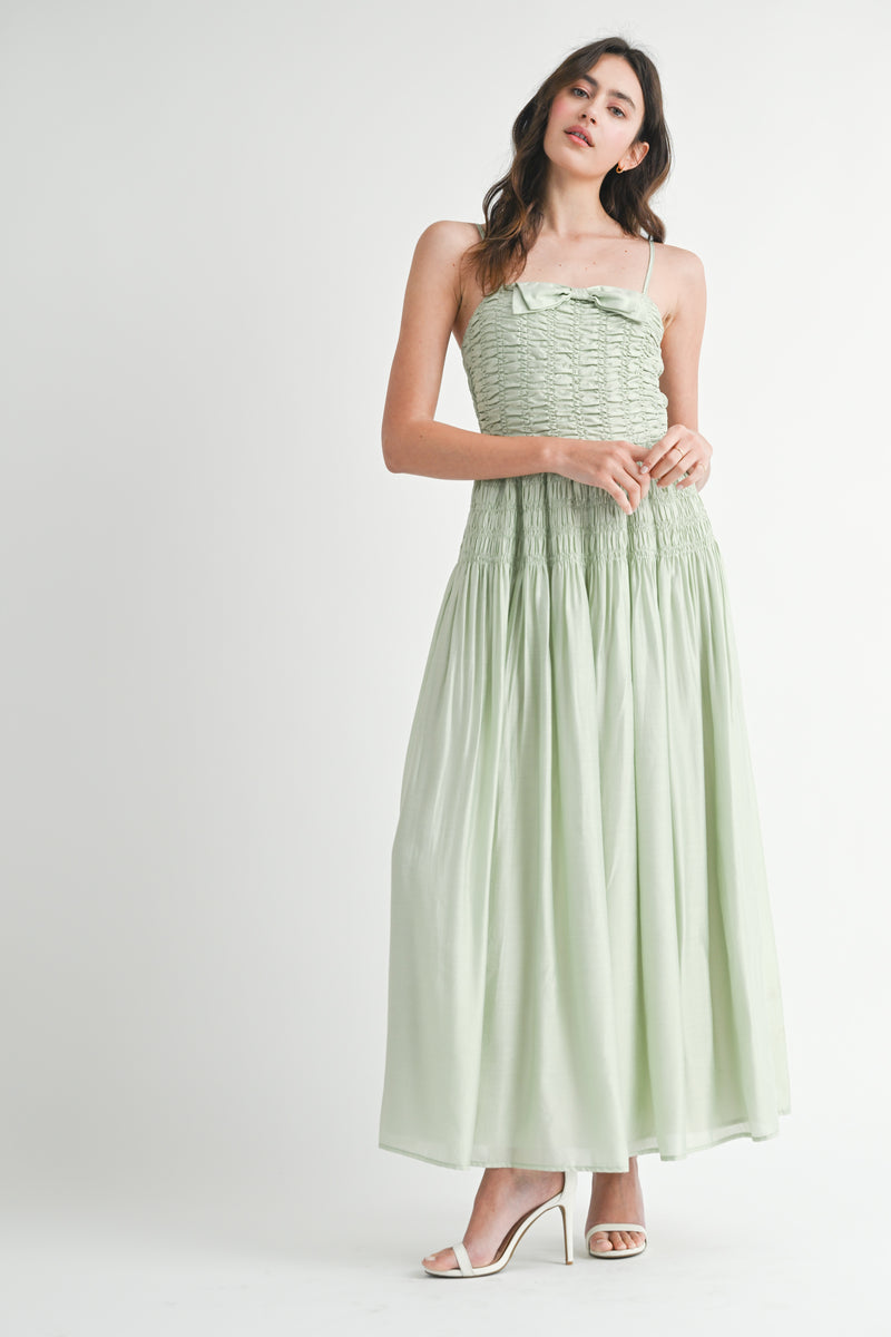 OCEANE SMOCKED BODICE BOW FRONT MIDI DRESS