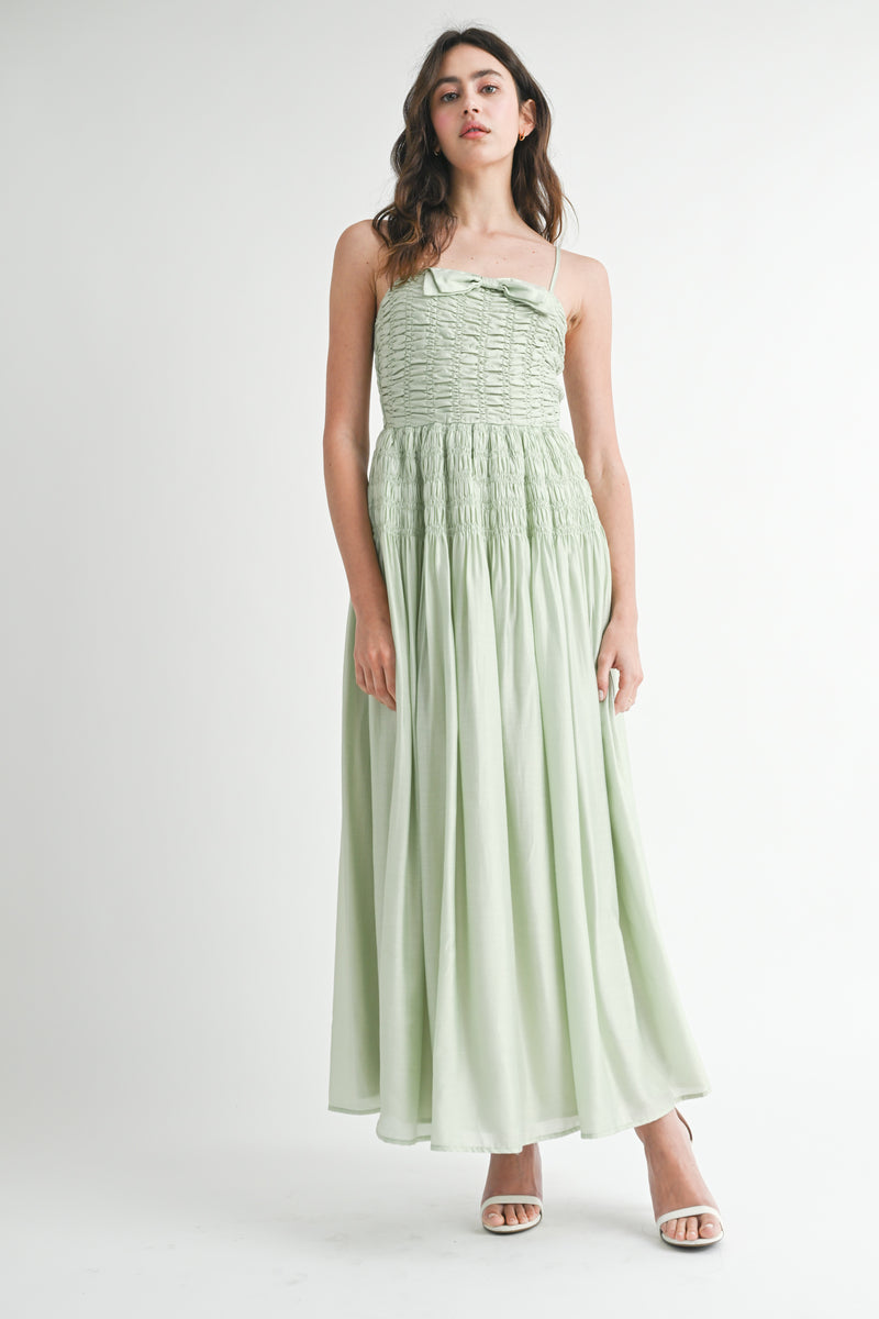 OCEANE SMOCKED BODICE BOW FRONT MIDI DRESS