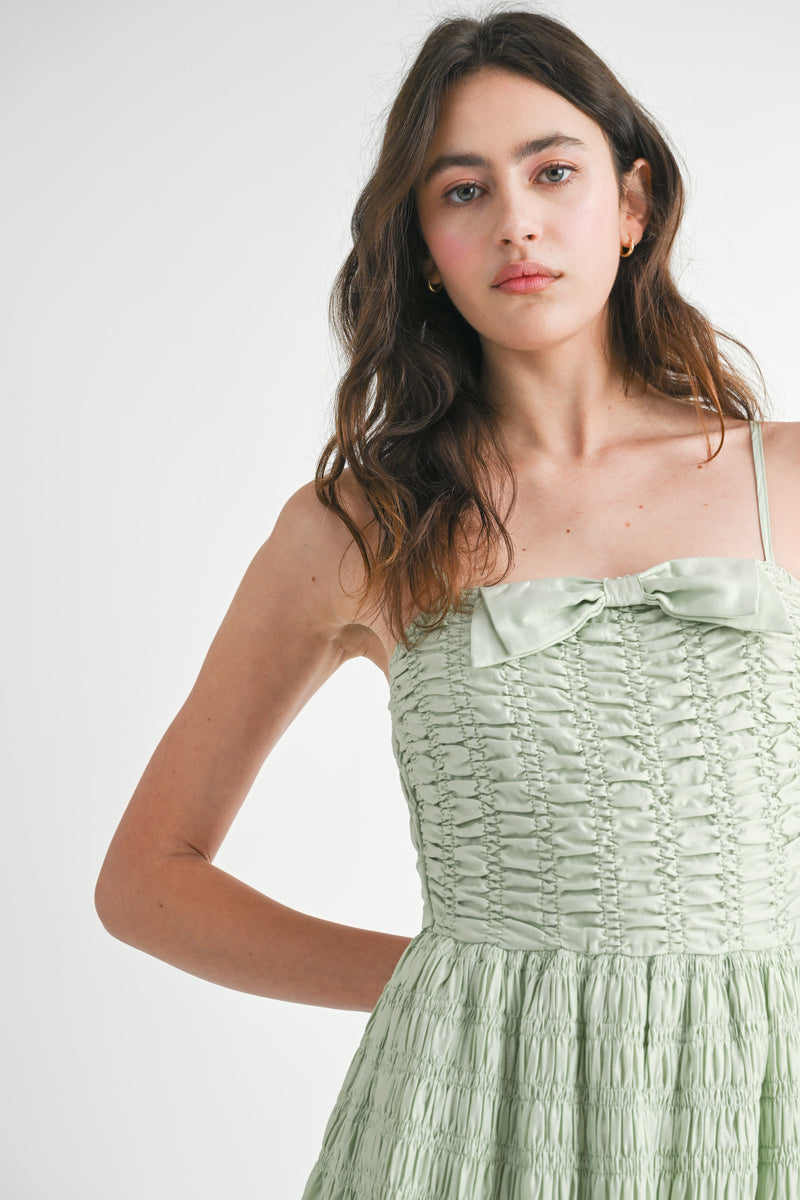 OCEANE SMOCKED BODICE BOW FRONT MIDI DRESS