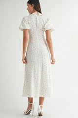 BAYSIDE BOW FRONT PUFF FLORAL MIDI DRESS