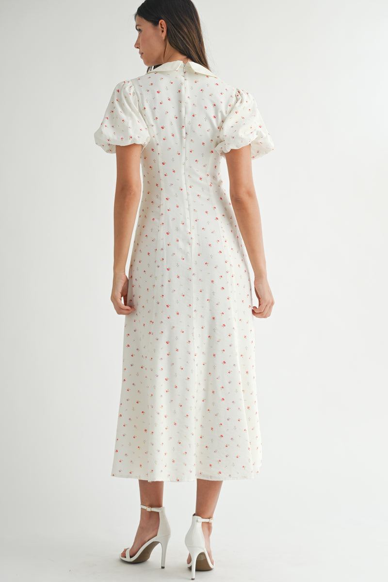 BAYSIDE BOW FRONT PUFF FLORAL MIDI DRESS