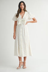 BAYSIDE BOW FRONT PUFF FLORAL MIDI DRESS