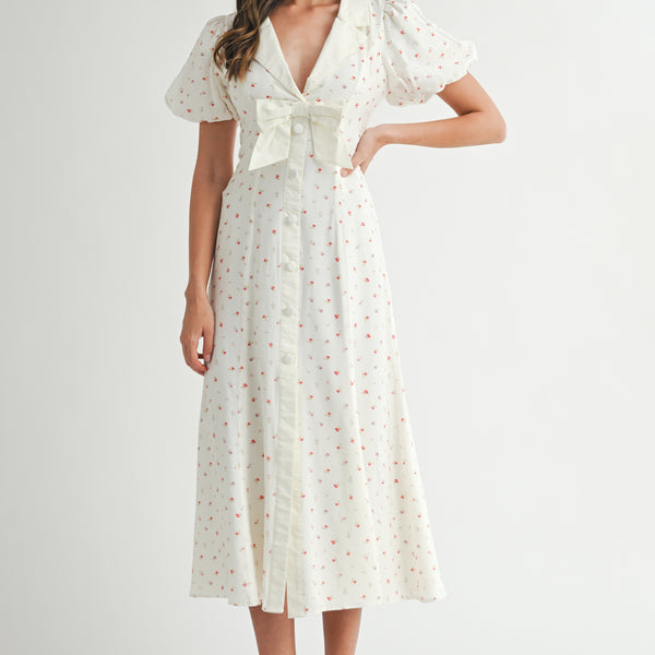 BAU♥MADDY Ribbon tied short sleeve flared long dress BAYSIDE BOW FRONT PUFF FLORAL MIDI DRESS – Mable Clothing