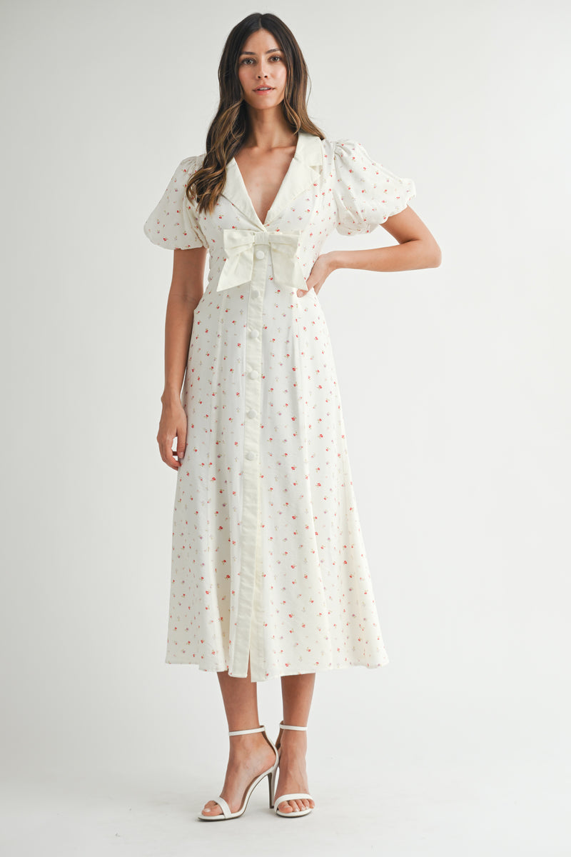 BAYSIDE BOW FRONT PUFF FLORAL MIDI DRESS
