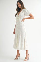 BAYSIDE BOW FRONT PUFF FLORAL MIDI DRESS