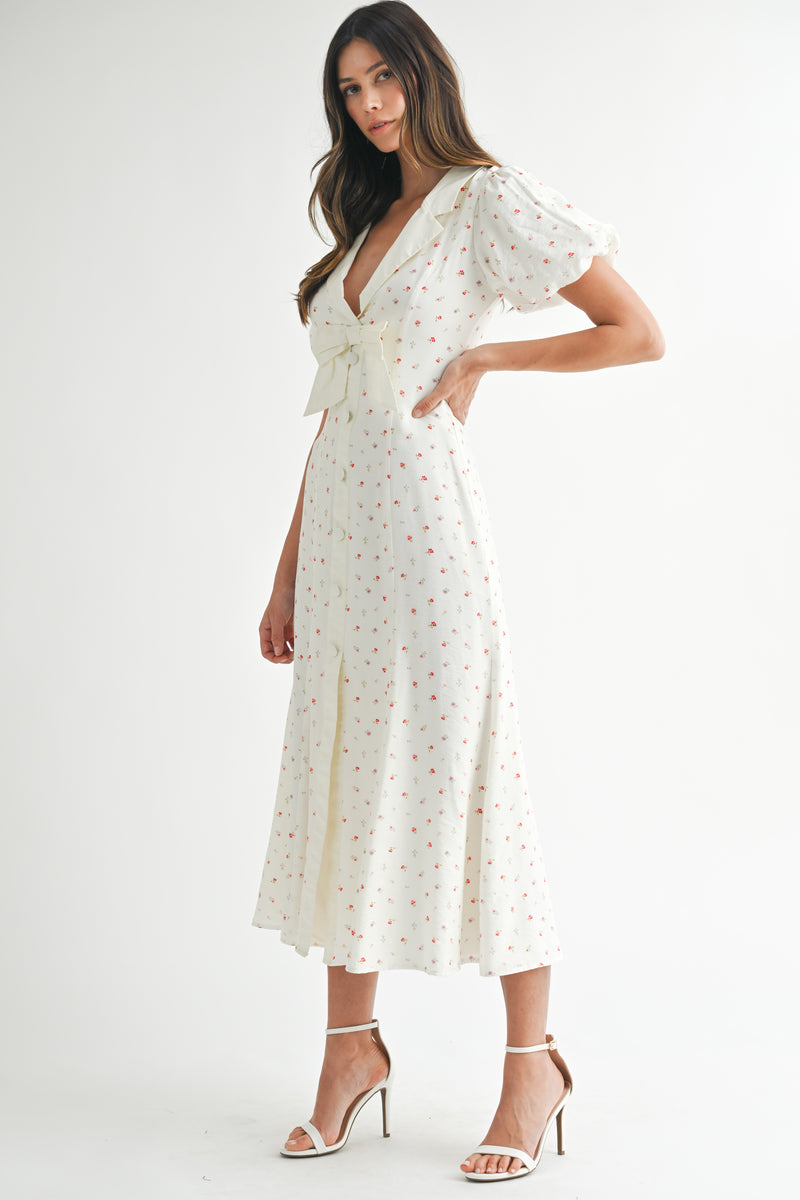 BAYSIDE BOW FRONT PUFF FLORAL MIDI DRESS