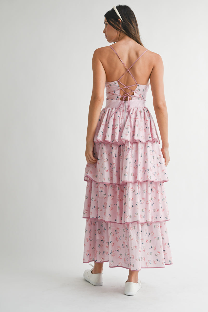 ARI FLORAL PRINTED SLEEVELESS MAXI DRESS WITH RUFFLES