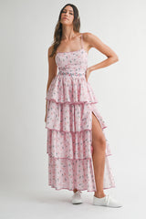 ARI FLORAL PRINTED SLEEVELESS MAXI DRESS WITH RUFFLES