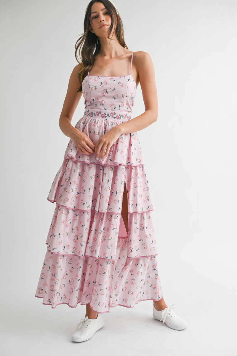 ARI FLORAL PRINTED SLEEVELESS MAXI DRESS WITH RUFFLES