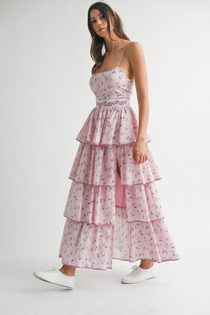 ARI FLORAL PRINTED SLEEVELESS MAXI DRESS WITH RUFFLES
