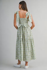 JULIET PRINTED SHOULDER TIE MIDI DRESS
