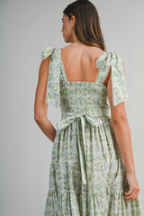 JULIET PRINTED SHOULDER TIE MIDI DRESS