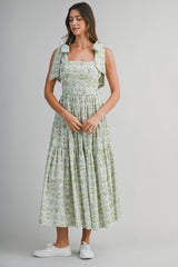 JULIET PRINTED SHOULDER TIE MIDI DRESS